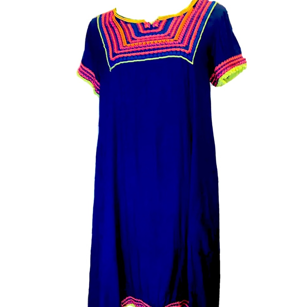RUBY YAYA Blue Embroidered Boho Natural Oaxacan Mini Dress Size XS